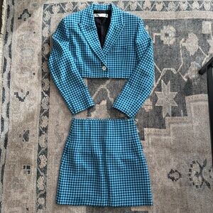 Zara Blue and White Checkered Blazer and Skirt Set